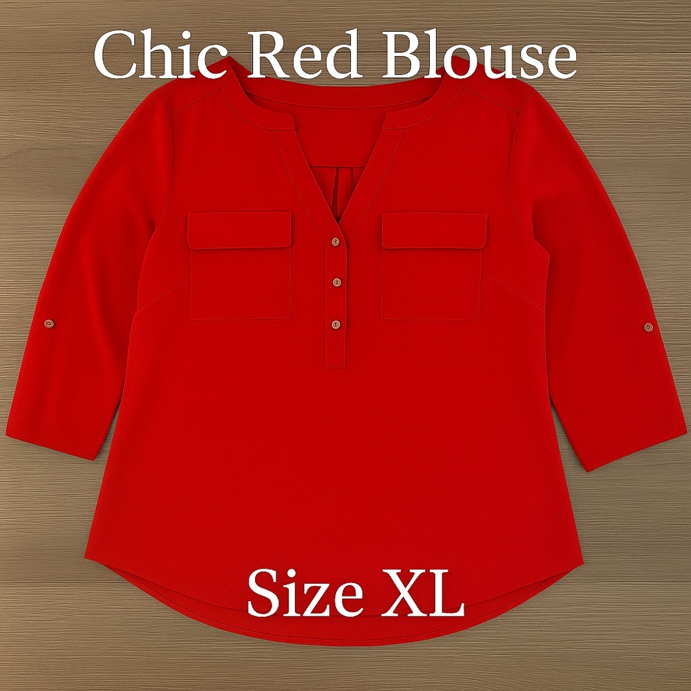Women’s Red Blouse XL – 3/4 Sleeve V-Neck with Pockets